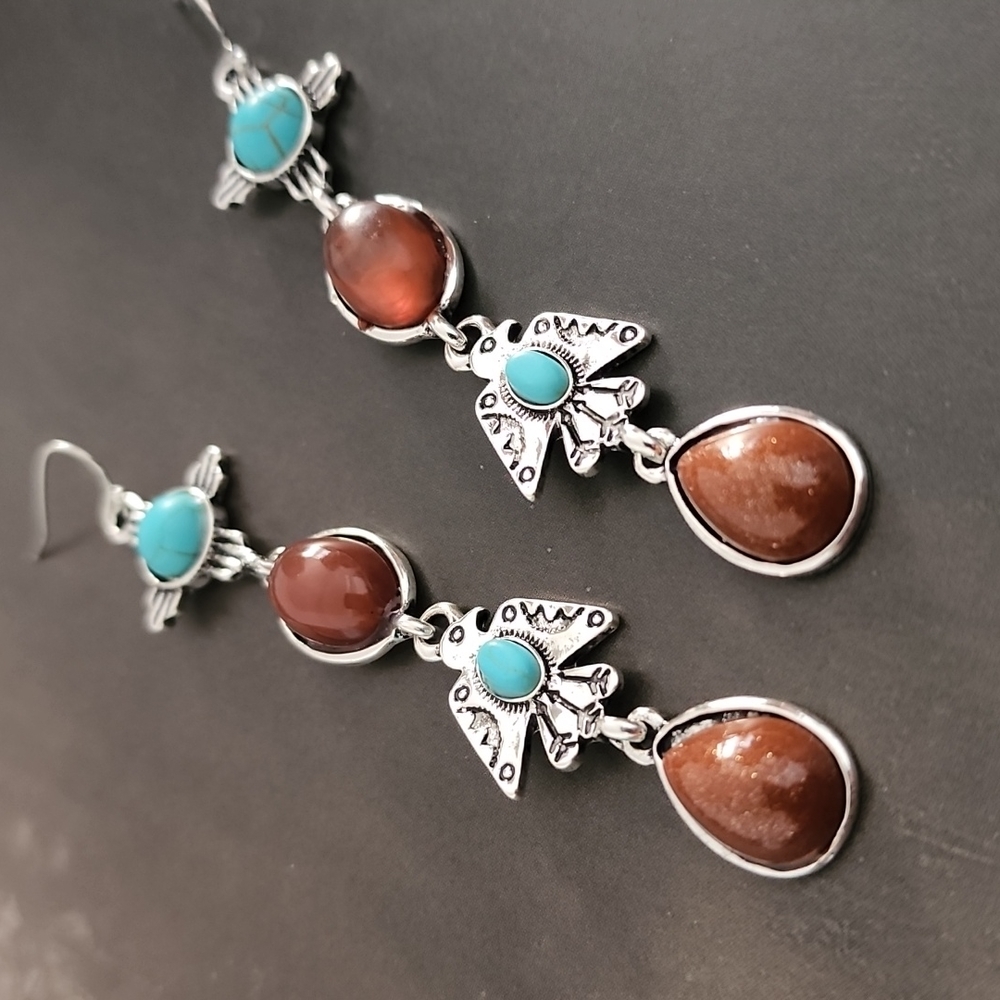 VINTAGE Turquoise Totem Dangle Earrings Boho Tribal Inspired Copper Goldstone - Picture 5 of 13